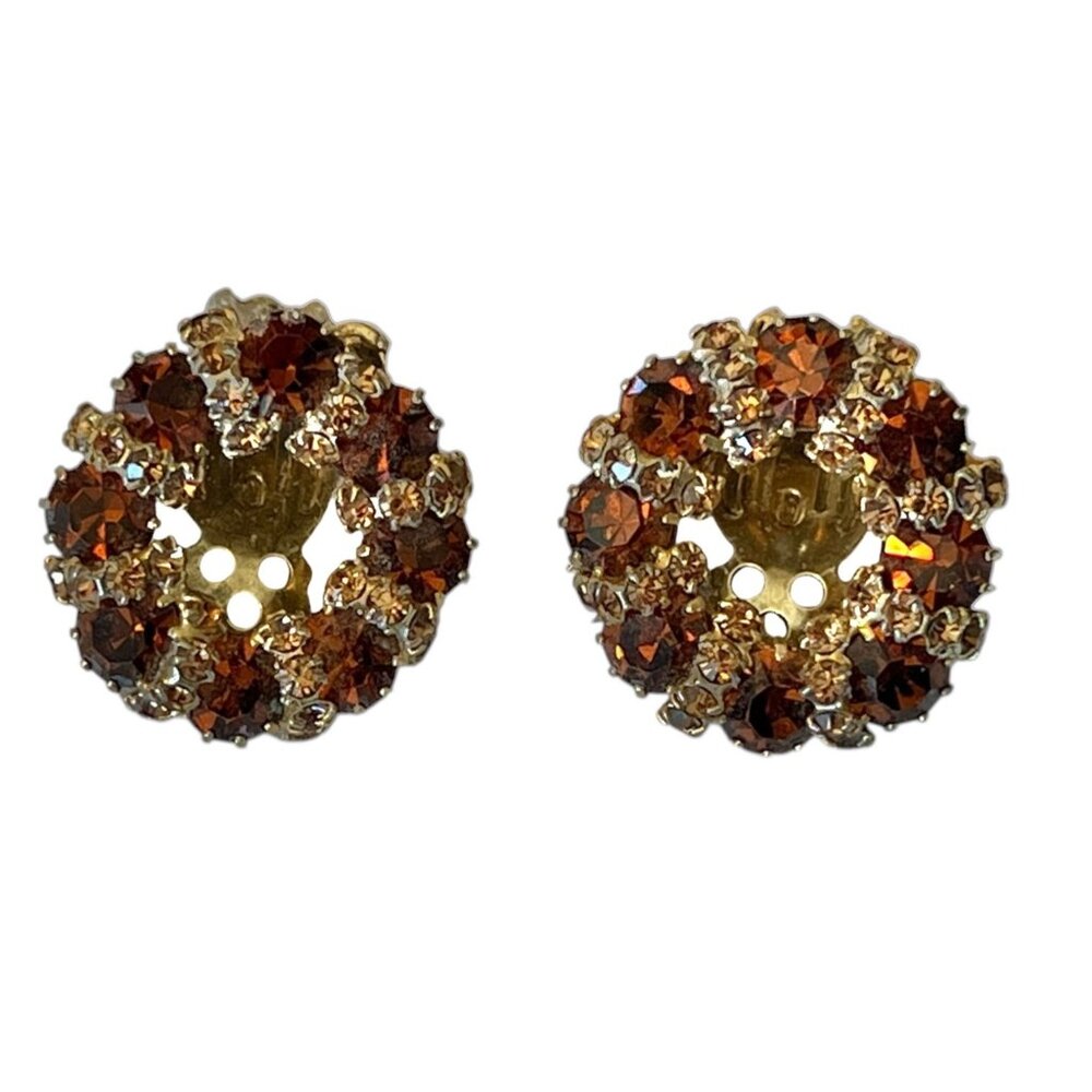 Weiss Rhinestone Clip-On Earrings Circular Gold Tone Amber Color & Clear VTG
